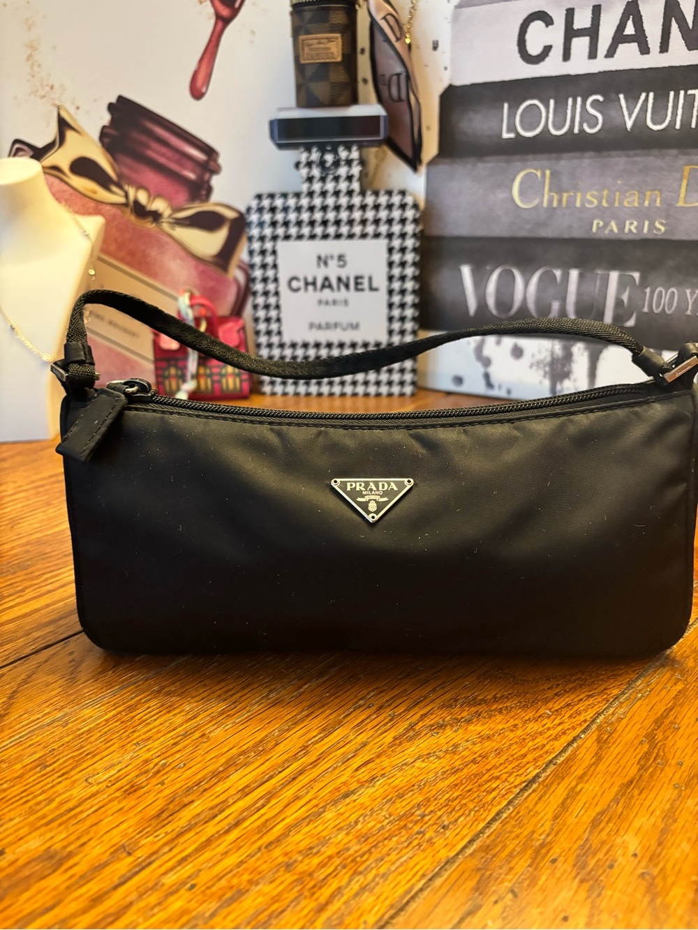 Authentic Prada Black Nylon Mini Shoulder Bag Pochette Silver Logo Vintage COA